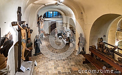 Cloisters with sacral exhibition in Our Lady of Nativity Cathedral Notre Dame de la Nativite in Vence historic town in France Editorial Stock Photo