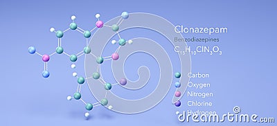 clonazepam molecule, molecular structures, benzodiazepines, 3d model, Structural Chemical Formula and Atoms with Color Coding Stock Photo