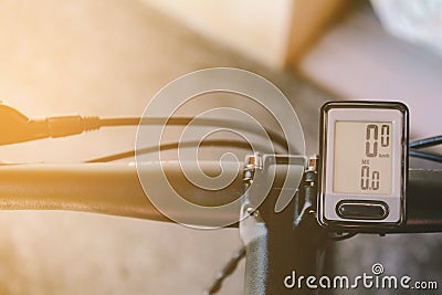 close-bicycle handlebars and Speedometer Stock Photo