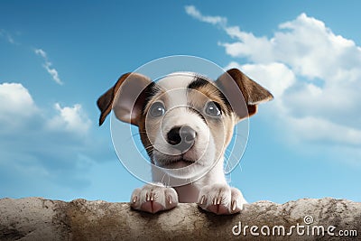 Close-Curious puppy close-up adorable gaze clear blue sky copy space Generative AI Stock Photo