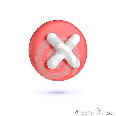 Close, delete button. 3d button on white backdrop. Cross symbol. 3d vector icon. Cartoon minimal style. 3d vector render Vector Illustration