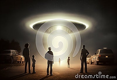 Close encounter of the third kind with a UFO flying saucer spaceship from outer space creating an alien abduction sighting Cartoon Illustration