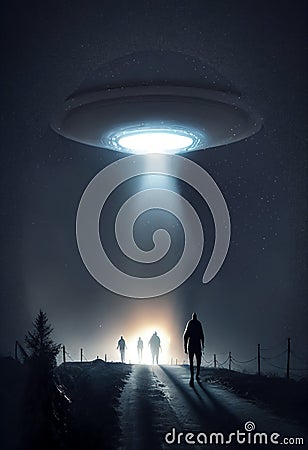 Close encounter of the third kind with a UFO flying saucer spaceship from outer space creating an alien abduction sighting Cartoon Illustration