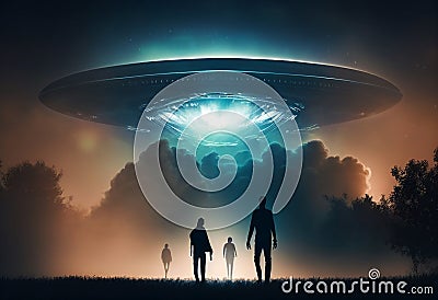 Close encounter of the third kind with a UFO flying saucer spaceship from outer space creating an alien abduction sighting Cartoon Illustration