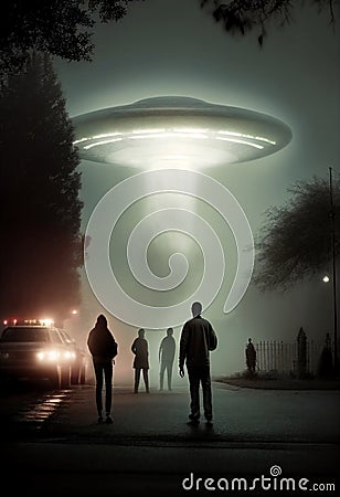 Close encounter of the third kind with a UFO flying saucer spaceship from outer space creating an alien abduction sighting Cartoon Illustration