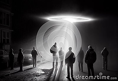 Close encounter of the third kind with a UFO flying saucer spaceship from outer space creating an alien abduction sighting Cartoon Illustration
