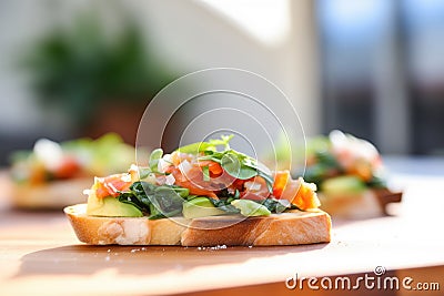 close focus on bruschetta with avocado slice, rest blurred Stock Photo