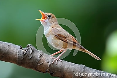 close-focus shot of a nightingale singing on a branch Stock Photo