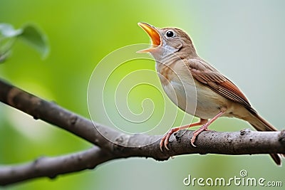 close-focus shot of a nightingale singing on a branch Stock Photo