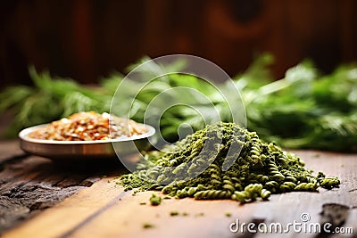 close focus on spelt pasta and pesto against a wooden backdrop Stock Photo