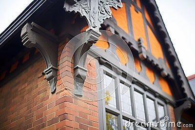 close focus on textured stonework of tudor gable wall Stock Photo