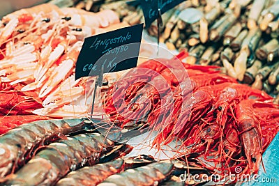 Close Fresh Red Raw Shrimps And Prawns On Ice In Fishermen Market Store Shop. Prawns - An Important Part Of Spanish Stock Photo