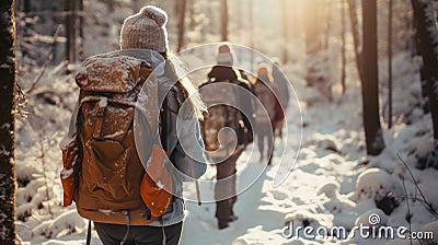 A close-knit group of teenage friends, backpacks and winter gear, embarks thrilling winter adventure during their school break. Stock Photo