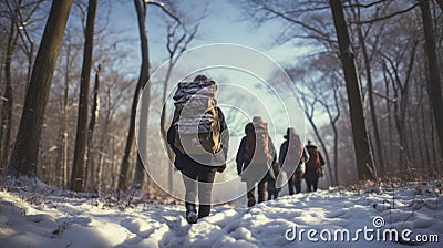 A close-knit group of teenage friends, backpacks and winter gear, embarks thrilling winter adventure during their school break. Stock Photo