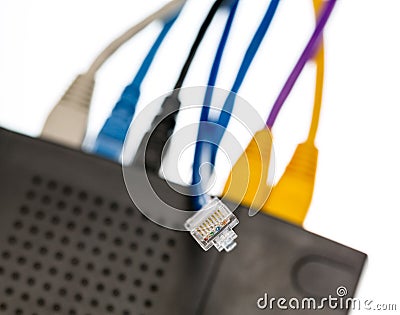 Cat5 cables and router for cyberdefence concept Stock Photo