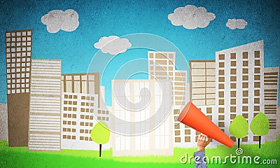 Hand of man holding orange paper trumpet against illustrated background Stock Photo