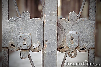 Close metal door. Two door locks. Stock Photo