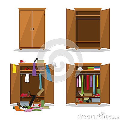 Close and open wardrobe set, before untidy and after tidy wardrobe with mess clothes. Closet with clothes, dresses Vector Illustration