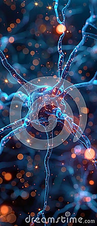 Close perspective of a neuron interface device attaching to the neural network Stock Photo
