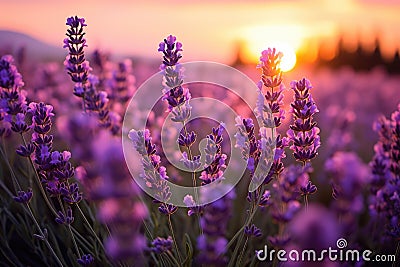 Close photo Beautiful lavender at sunset, Close up lavender flowers in beautiful field at sunset, AI generated Stock Photo