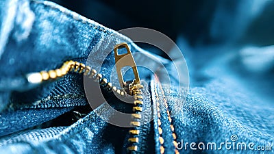 Close picture of denim jeans zipper with colored effect. Stock image. Stock Photo