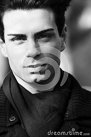 Close portrait of a beautiful young man - Black and white Stock Photo