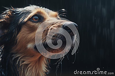 Close portrait cute intelligent wet dog with smart brown plaintive eyes thinking looking up listening after rain walk Stock Photo