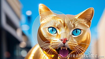 Close Portrait of Golden Cat With Diamond Blue Eyes AI Generative Stock Photo