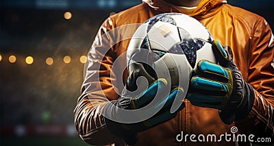 In close proximity, the goalkeeper clutches the soccer ball firmly Stock Photo