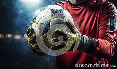 In close proximity, the goalkeeper clutches the soccer ball firmly Stock Photo