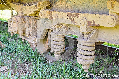 Close on rusty wheels and train rails of a abandoned train Stock Photo