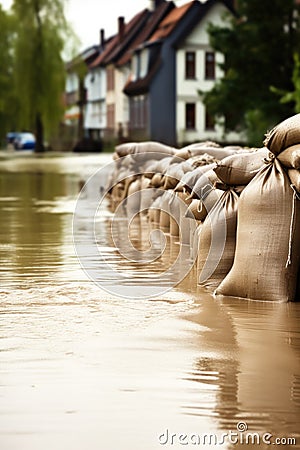 Close shot of flood Protection Sandbags with flooded homes in the background. - AI Generated Stock Photo