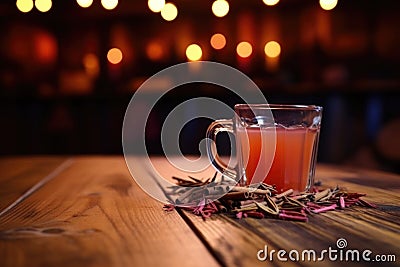 close shot of a hot drink resting on a wooden table nearby a dance area Stock Photo