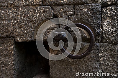 Close shot of metal ring isolated in Kalaburagi fort back entrance gate Editorial Stock Photo