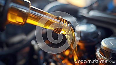 Close shot, pouring oil into the engine of the car Stock Photo
