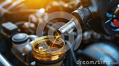 Close shot, pouring oil into the engine of the car Stock Photo