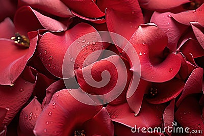 A close and tender view of dew laden red rose petals embodying the allure of romance, valentine, dating and love proposal image Stock Photo