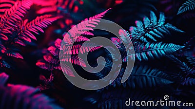 A close-up of abstract fern leaves displaying a gradient of colors from deep blue to intense red, creating a surreal and Stock Photo