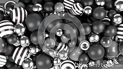 Close up of an abstract monochrome rotating 3D object. Animation. Many black and white moving small balls gathered Stock Photo