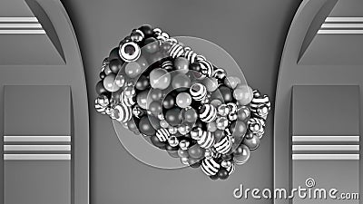 Close up of an abstract monochrome rotating 3D object in zero gravity. Animation. Many black and white moving small Stock Photo