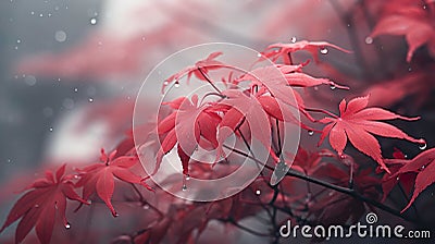 Close up of acer plant red leaves in misty diffuse light ambient occlusion. Generative AI Stock Photo