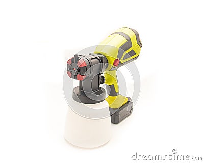 Close-up adjustable nozzle spray pattern on cordless paint sprayer gun isolated white background, flow adjustment, quick release Stock Photo