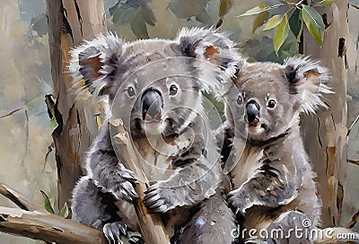 adult koala marsupial and its baby perched in a tree Stock Photo