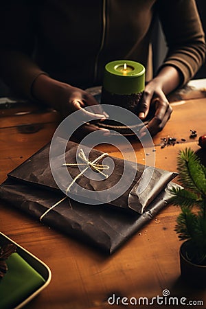 Close-up adult person hands wrapping a Christmas gift Stock Photo