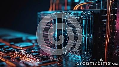 Close-Up of Advanced Computer Hardware Components with Cooling System in High-Tech Environment Stock Photo