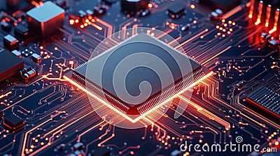 Closeup of an advanced microprocessor chip on top of a circuit board showcasing intricate circuitry and glowing orange lines Stock Photo