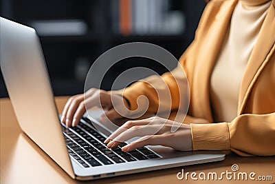 Close-up of African American womans hands typing on laptop in brightly colored modern office Stock Photo