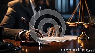 Close-up of african male lawyer sitting at table and working with documents Stock Photo