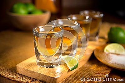 Close up of agave traditional Tequila shots flight with cut limes and salt Stock Photo