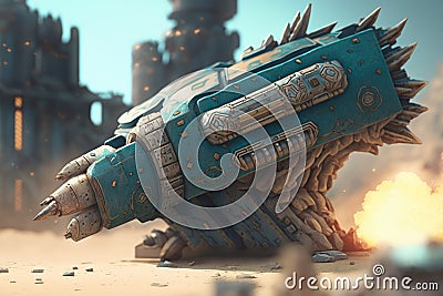 close-up of alien blaster, with smoking ammunition shells and destroyed buildings in the background Stock Photo